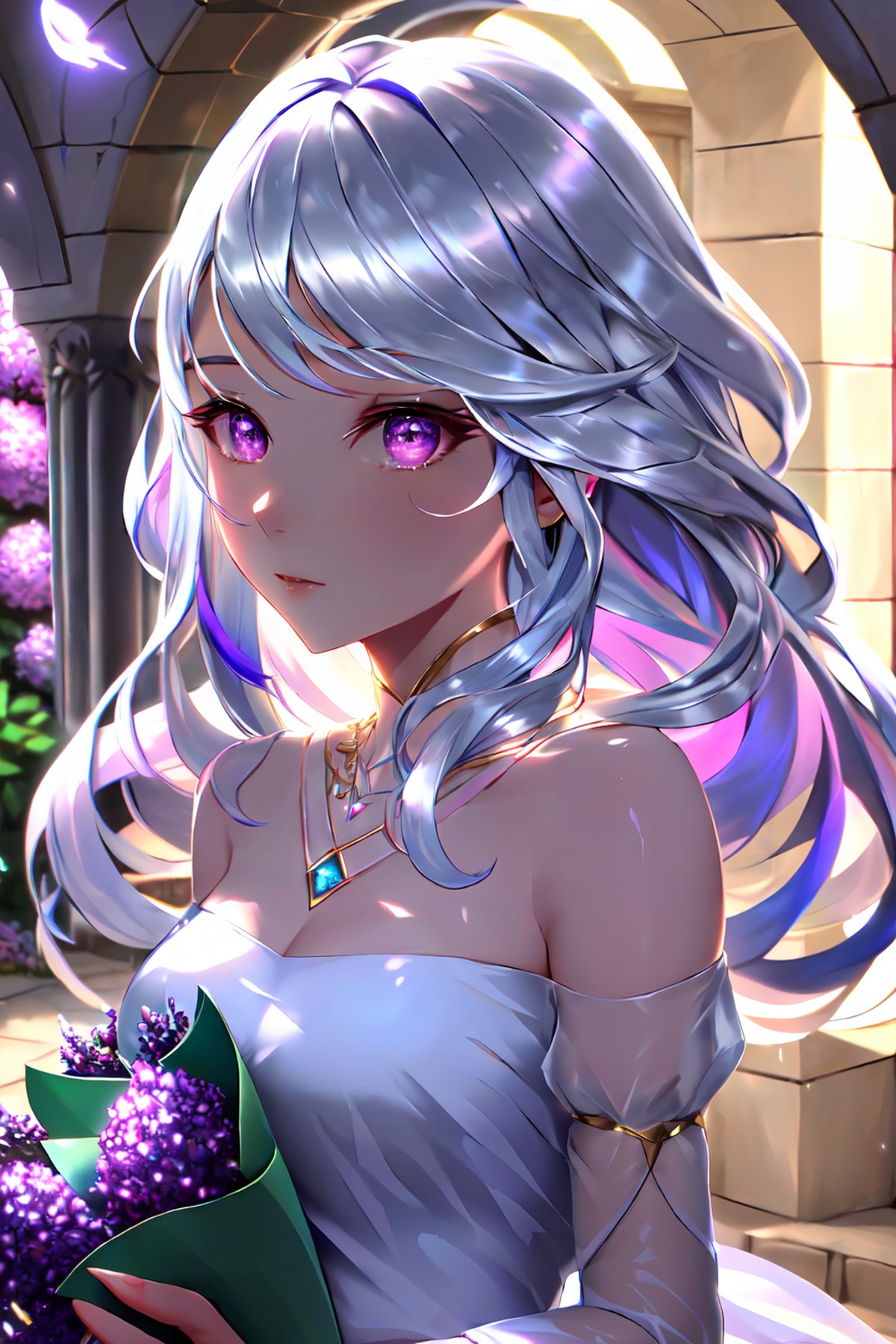 Masterpiece, best quality, 1girl, with iridescent silver hair styled in twin braids, beautiful purple eyes, wearing a flow...